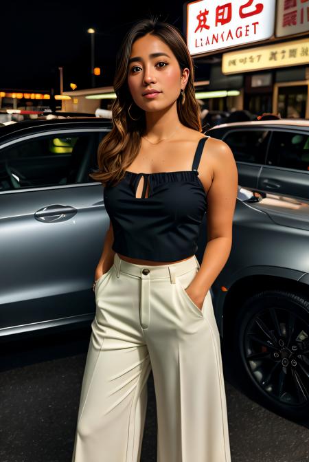 photo of (H4n4M0n01:0.99), a woman, RAW, close portrait photo, (cropped tube top:1.3), (low waited pants:1.4), (standing in a parking lot:1.3), (at night:1.2), (race meetup), tanned skin, (perfect body), (high detailed skin:1.2), 8k uhd, dslr, soft lighting, high quality, film grain, Fujifilm XT3 sharp focus, f 5.6, cinematic light, sidelighting, Fujiflim XT3, DSLR, 50mm ,<lora:add_detail:0.4>, <lora:LowRA:0.2>