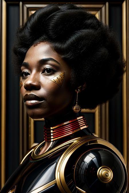 1girl, solo, style of Afrofuturism, (very beautiful black woman), (((black skin))), (((african beauty))), (((afro))), 30 years old, (beautiful:1.75), (Red Lipstick:1), (anime:0.35), (oval face:0.25), (top model), (night), (noir) (front view:1.25), (elegant), 10 minutes before the world will end, (back light),  hyper-realistic, (ultra-detailed:1), (insanely detailed:1), 4k, (realistic), 8k, shot on portra 400, (((masterpiece))), (perfect composition:1.55), (best quality), (HD), (style of Leonardo Da Vinci:0.10), style of Caravaggio,(style of Richard Avedon, (style of Sandro Botticelli), (Perfect hand), Hand, (detailed hand), mechanical parts, robot joints