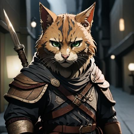 highly detailed analog photo of tabaxi, 

solo, looking at viewer, weapon, holding weapon, dagger, belt, cloak, green eyes, blurry, blurry background, realistic:1.3, medieval alley, 32k, intricate details, depth of field, ((night)),


masterpiece, best quality:1.1, 

depth of field:1.1, 
(analog photography:1.2),
dark:1.3,
(shadow play:1.4),



