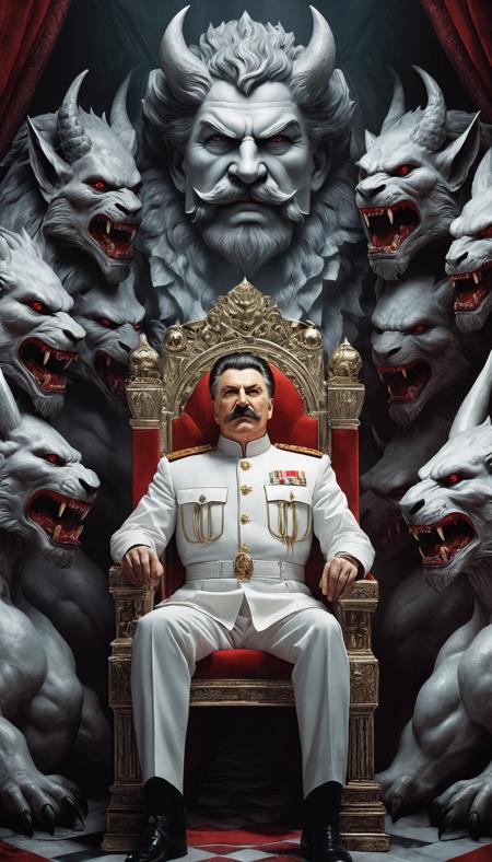 a Joseph Stalin sitting on a throne surrounded by demon heads and demon heads, Joseph Stalin in white, surrounded by other demon heads, Bastien L. Deharme, promotional image, a poster, fantasy art