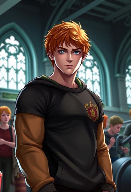 1boy, orange red hair, blue eyes, realistic, muscular Ron Weasley spotting in the gym, wearing a Gryffindor sweatshirt, hogwarts, fantasy environment