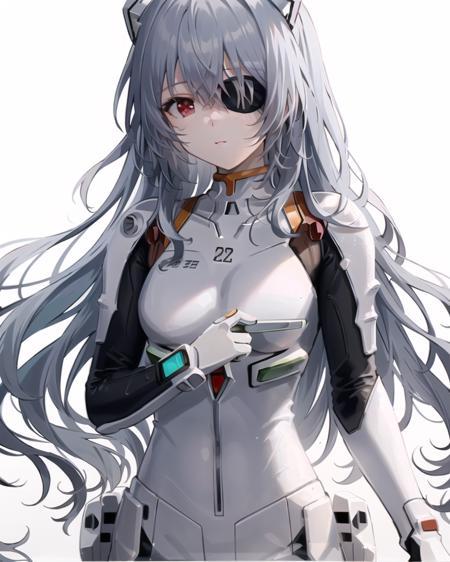 best quality,highly detailed,masterpiece,ultra-detailed,solo,1girl,(white background:1.5),(Delicate eyes),plugsuit, 1girl, star_\(sky\), long_hair, starry_sky, bodysuit, ayanami_rei, solo, night_sky, red_eyes, red_background, breasts, white_bodysuit, eyepatch, pilot_suit, lance_of_longinus, bangs, light_particles, interface_headset, souryuu_asuka_langley