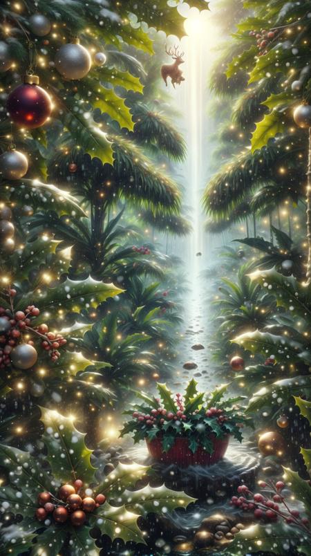 <lora:ChristmasDecorativeStyle:1>ChristmasDecorativeStyle a dense jungle during a tropical downpour, raindrops splashing on large leaves, (Masterpiece:1.3) (best quality:1.2) (high quality:1.1)