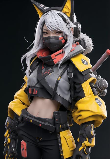 nijilorawolf a nijigirl with wolf - ears <lora:nijilorawolf-000002:0.75>
wearing scifi cyberpunk armor, gray hair, big warm smile, (red mask), samurai, katana, a huge diamond necklace, dancing, big beautiful cobalt ODD eyes, very detailed