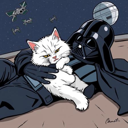 An illustration in a comic book style. Darth Vader, in a simplified but recognizable version of his suit, is lying on the floor, a fluffy white cat curled up on his chest, purring loudly. The cat has large, expressive eyes. Vader has his hand on the cat, the force is slightly visible, but used to further pet the cat. The background shows space with a few Tie fighters and a Death Star.
