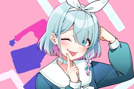 <lora:Kawaikute Gomen:0.9>, kawaikute gomen, 1girl, solo, looking at viewer, one eye closed, tongue, tongue out, pink background, jirai kei, arona, 1girl, white hairband, bow hairband, halo, short hair, single braid, school uniform, blue shirt, white sailor collar, long sleeves, white bowtie, white choker <lora:aronaBlueArchive_v1:0.7>