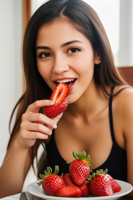 Realistic Sexy Ecuador girl eating strawberries