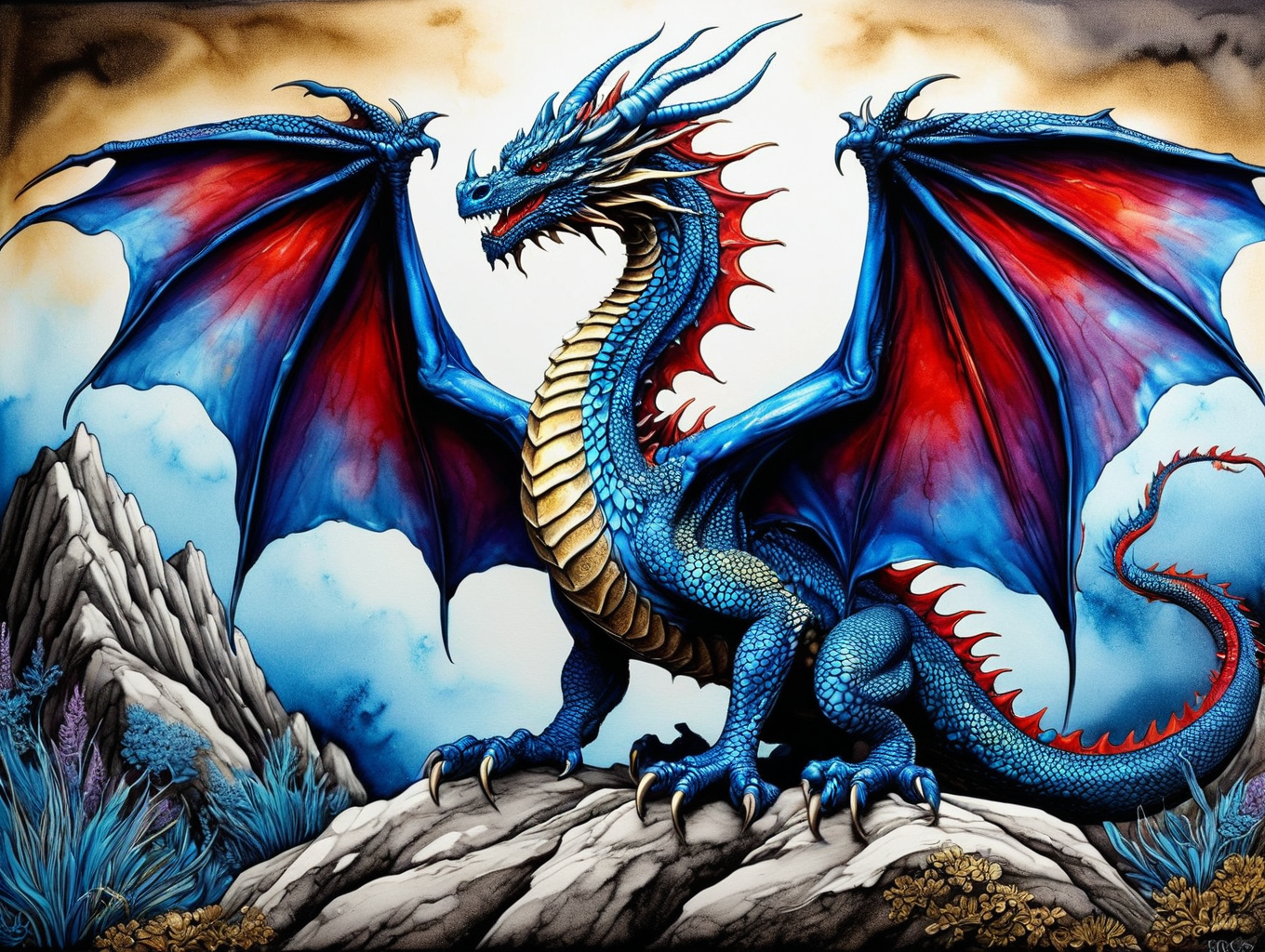 blue Dragon, Silhouette Art, breathtaking a lineart (vibrant alcohol ink sketch). [magnificent, shiny, intriguing weirdness, extravaganza, mystery of darkness, unusual natural aesthetics, glossy]. dark hues of gold and red, macro shot of an Asian dragon with large wings, Inkstains . award-winning, professional, highly detailed. extremely high-resolution details, photographic, realism pushed to extreme, fine texture, incredibly lifelike, high contrast, well defined . beautiful, lovely, mesmerizing, radiant, enchanting, splendid. <lora:Colorful_Crayons_Pony:1> cr4y0n, colorful,