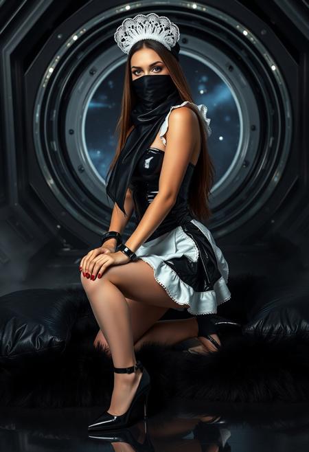 slender latex scarf gagged russian femme fatale   in sexy glossy black foil french maid  uniform ,  white latex stockings, glossy  black high heels with ankle straps,  white lace maid cap, very tight  corset,  hands handcuffed,  steel slave collar, kneeling at black fur pelt,  surrounded by  black foil pillows, giant porthole to space at background, masterpiece, provocative, sexy, femine, very long hairs, extremely tight clothes,  ultra thin whaist, glossy silk and satin, latex, absurdres,  polished steel floor, fog from the floor, masterwork, realistic, space_station,  indoors, dramatic lighting, high contrast, solo, french maid planet, females enslaved by robots, abducted by aliens, sci-fi, horror