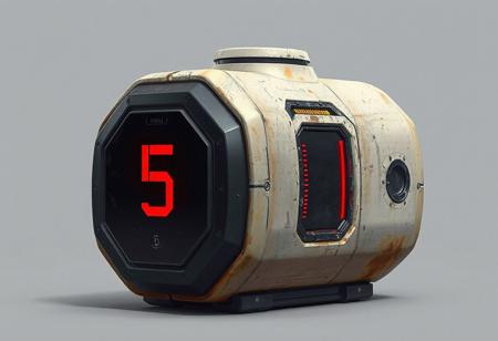 A single futuristic sci-fi storage capsule, cylindrical with a slightly tapered dark base and a weathered off-white metal body. A bold red number "5" is painted on the front. On the side, a long vertical red LCD indicator is embedded into the shell, softly glowing. The top of the capsule features a recessed socket-like shape, designed for modular stacking. Industrial wear, scratches, and dust add realism. The object is isolated on a neutral background, front view, concept art style, ultra-realistic lighting and textures, FLUX engine aesthetic.