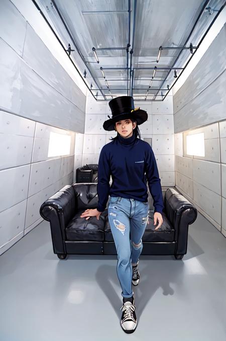 masterpiece, best quality, illustration,
VIS1, ceiling, indoors, ceiling light, tiles, couch, tile wall, realistic, scenery, 
1girl, solo, hat, top hat, black hair,  blue sweater, denim, black shoes, sneakers,  walking,
 <lora:VirtualInsanity_V4_1_MIDD_Resize_DIM8:1>