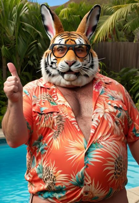 Hyperrealistic art breathtaking Helios, spy, Big Lewinsky film Style photography, Closeup, thumb-up, a fluffy obese tiger in vibrant colorful Hawaiian shirt wearing bunny-mask, glasses, smokey Haze, cool, flamboyant, Pool and 70s Garden in background, thumb up pose,
very detailed, HD, RAW photograph, masterpiece, top quality, the best quality, official art, highest detailed, atmospheric lighting, cinematic composition, high quality, (8k, RAW photo, highest quality),
. Award-winning, professional, highly detailed. Extremely high-resolution details, photographic, realism pushed to extreme, fine texture, incredibly lifelike