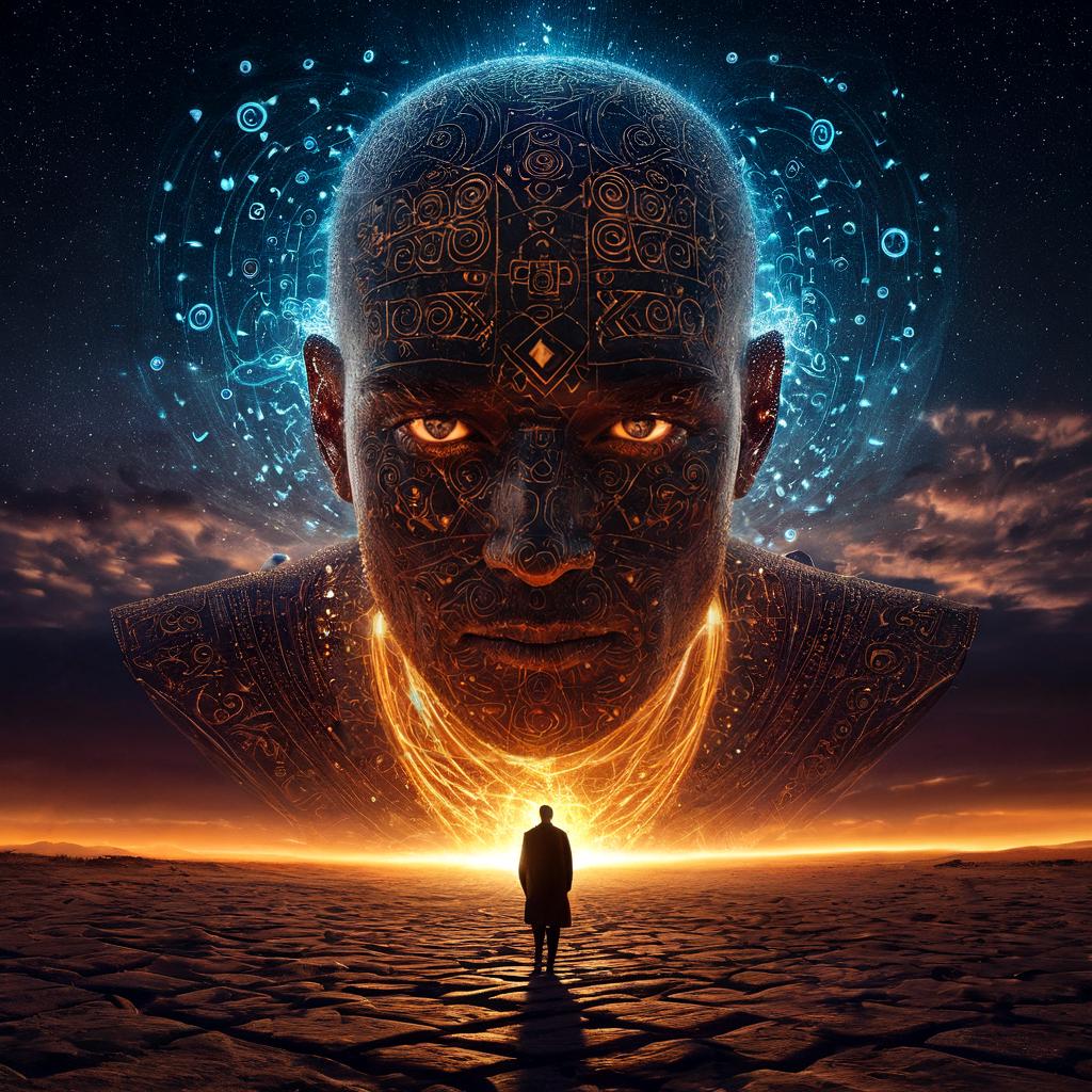 long shot scenic professional photograph of A surreal portrait of a man whose body is composed of constantly shifting, glowing symbols, each one a representation of an unknown language or ancient rune. His skin is a canvas for these symbols, which pulse and change, creating new patterns with every passing second. His eyes are glowing, blank orbs, filled with the same pulsing symbols. His hair is made of thin, glowing lines of energy, constantly rearranging themselves into new shapes. Behind him, the background is an abstract world of floating symbols and glowing hieroglyphs, all suspended in a vast, empty void., perfect viewpoint, highly detailed, wide-angle lens, hyper realistic, with dramatic sky, polarizing filter, natural lighting, vivid colors, everything in sharp focus, HDR, UHD, 64K