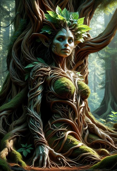 create an image with this prompt.   Create a hyper-realistic scene of a stunningly beautiful female dryad living in a redwood tree,  in 8K resolution with intricate, lifelike textures and fine details. The composition is rendered with photorealistic quality, using advanced lighting, shadows, and reflections to emphasize realism. Every element, from the subject to the background, is crafted with meticulous attention to detail, capturing natural depth, accurate proportions, and true-to-life materials. The atmosphere is immersive and visually arresting, highlighting realistic textures, subtle nuances, and dynamic elements like natural light or motion. The overall effect should feel stunningly lifelike, evoking realism in every aspect.Unreal Engine, photorealistic, hyperrealistic, and visually arresting. Rendered in 8K, hyperrealistic, with fine intricate details.