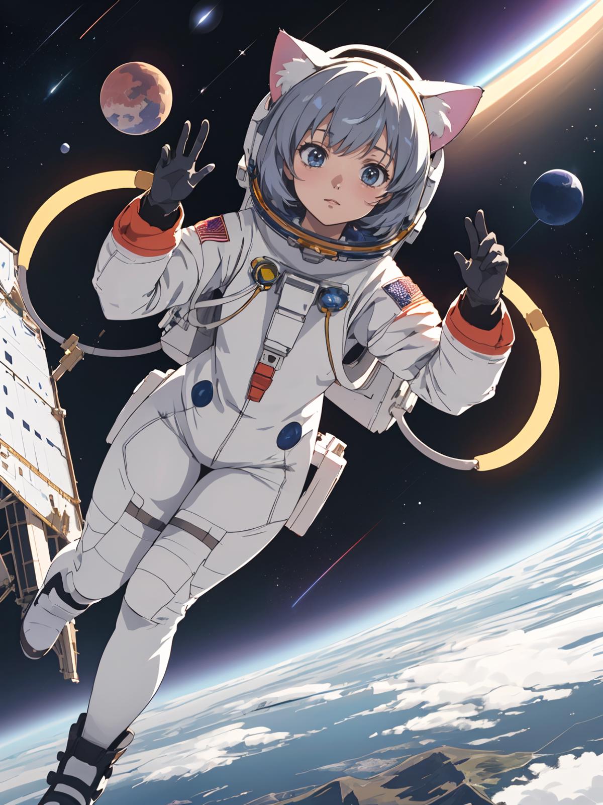 Anime Character Space Suit with Gloves, American Flag, and Planets in Background