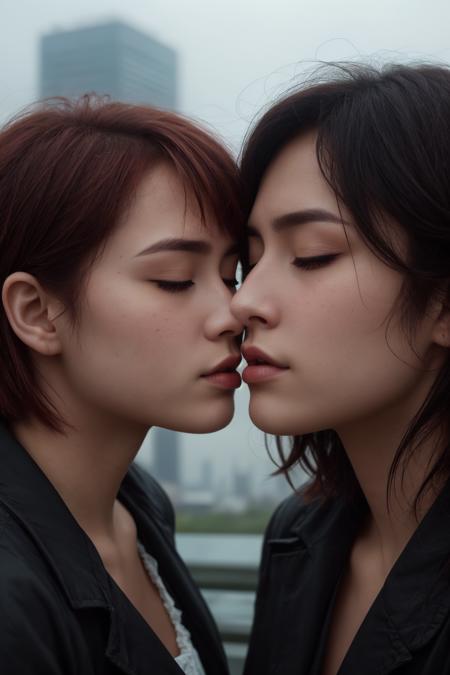 foggy, two young women, half-closed eyes, parted lips, looking at viewer, red short hair, fine art portrait, extreme close-up, female face, side profile, high contrast, long eyelashes, full lips, detailed texture, smooth skin, beauty photography, soft lighting, sharp focus, depth of field, grayscale, makeup, subtle expression, city in background, <lora:foggy_v1.0:0.6>,