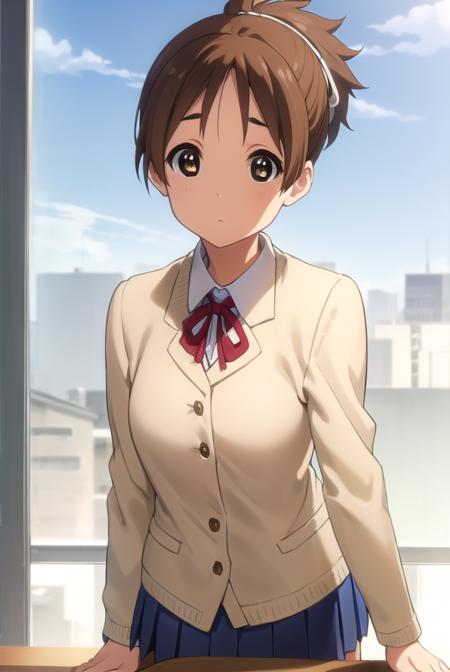 konuihirasawa, <lora:ui hirasawa s2-lora-nochekaiser:1>, 
ui hirasawa, short hair, brown hair, (brown eyes:1.5), ponytail,
BREAK sakuragaoka high school uniform, school uniform, uniform, blazer, shirt, white shirt, collared shirt, skirt, pleated skirt,
BREAK indoors, classroom,
BREAK looking at viewer, (cowboy shot:1.5),
BREAK <lyco:GoodHands-beta2:1>, (masterpiece:1.2), best quality, high resolution, unity 8k wallpaper, (illustration:0.8), (beautiful detailed eyes:1.6), extremely detailed face, perfect lighting, extremely detailed CG, (perfect hands, perfect anatomy),