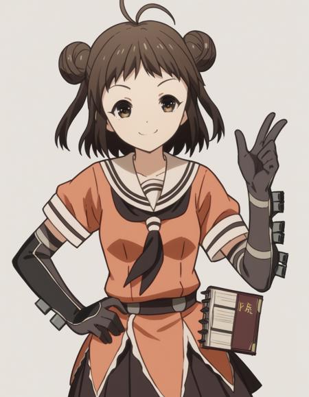 naka, short hair, brown hair, brown eyes, hair bun, double bun, antenna hair, naka (kancolle) skirt, gloves, school uniform, serafuku, elbow gloves,