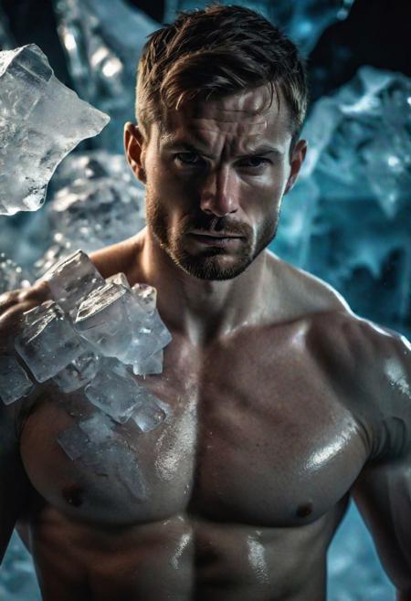 high quality, photo of 30 y.o european man, upper body, shirt of translucent ice, serious face, detailed face, muscular abdomen, cinematic shot, dramatic lighting, arctic