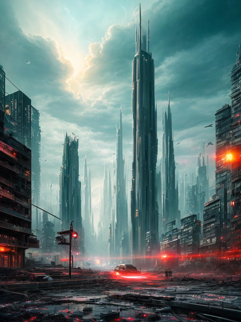 The picture depicts a surreal and futuristic landscape, with a mix of awe-inspiring beauty and horror. The sky is a deep, ...