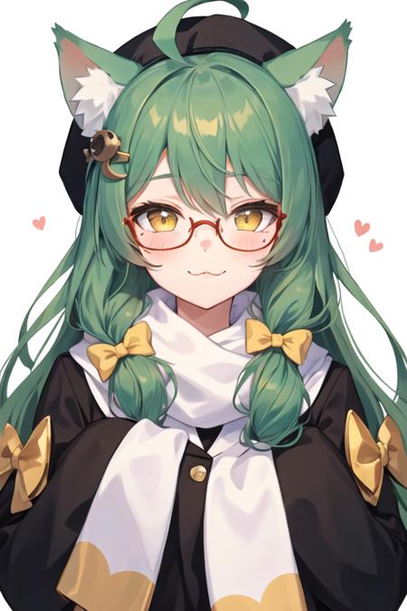 best quality, masterpiece, highres, solo, {akashi_azurlane:1.15}, animal_ears, cat_ears, green_hair, long_hair, ahoge, hair_between_eyes, yellow_eyes, blush, bell, bow, hair_ornament, bangs, very_long_hair, :3, mole, smile, mole_under_eye, 1girl, beret, glasses, hat, scarf, long_sleeves, looking_at_viewer, white_background, sleeves_past_wrists, round_eyewear, white_scarf, bespectacled, simple_background, sleeves_past_fingers, animal_ear_fluff, upper_body