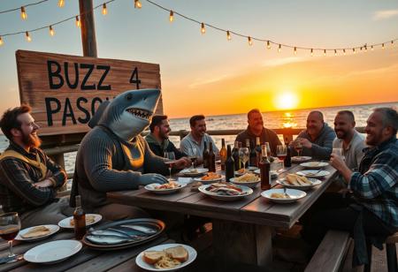 An Italianized humanoid shark named ‘Pasqualo,’ with a muscular body, gray shark-like skin, and sharp teeth, sits at a large wooden table on a seaside pier during sunset. He has black eyes, a prominent dorsal fin, and a friendly grin. Dressed in a rugged fisherman’s outfit, including a weathered wool sweater, rolled-up pants, and boots, Pasqualo blends seamlessly into the scene with his human fisherman friends. They laugh and chat around the table, their sun-baked skin and salt-worn clothes reflecting a life spent at sea.
The table is covered with rustic Italian seafood dishes: grilled fish, steaming bowls of pasta, crusty bread, and wine bottles. Half-filled glasses suggest recent toasts, and plates are scattered in a laid-back, festive atmosphere. Overhead, warm string lights cast a golden glow on the gathering.
In the background, a large wooden sign, slightly worn and hand-painted, reads ‘BUZZ 4 PASQUALO.’ It’s mounted on a weathered post with a couple of seagulls perched on top. The sea behind them is calm, with fishing boats gently rocking in the harbor. The setting captures the authentic feel of an old Italian coastal town, with Pasqualo smiling and enjoying the meal with his closest friends, blending the fantastical with the familiar and realistic