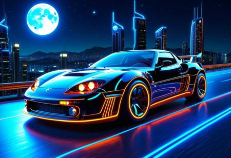 vibrant colors, shiny_skin, prefect lighting, detailed image, snoozing, masterpiece, best quality, highly detailed, ultra quality, 3DMM, (TzigoCBS), 
(Sports car), 
On the road, outdoors, neon lights, glowing, city, skyscraper, building, sciencefiction, electricity, night, moon, moonlight,