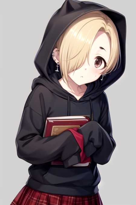 <lora:KoumeShirasaka-07:0.7>, shirasaka koume, 1girl, solo, looking at viewer, blush, short hair, skirt, blonde hair, simple background, long sleeves, holding, brown eyes, jewelry, pleated skirt, earrings, hood, hair over one eye, sleeves past wrists, book, plaid, blood, hoodie, red skirt, plaid skirt, piercing, hood down, black background, ear piercing, :<, sleeves past fingers