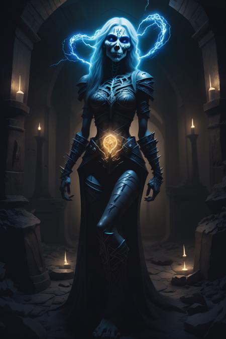 fantchar, a powerful skeletal mage woman with lightning crackling around her standing in a dungeon crypt, beautiful, runes, symbols, glowing, realistic, highly detailed, intricate