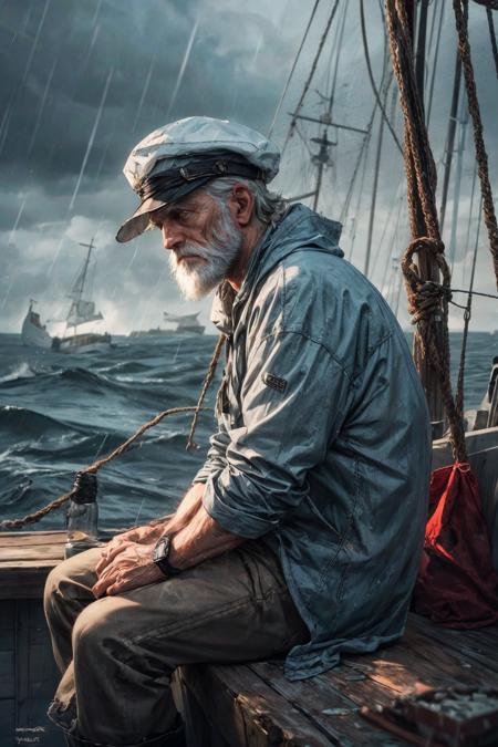 (RAW photo, 8k uhd, Analog style, Masterpiece, Best Quality, Highres:1.4), (dramatic, cinematic:1.2), BREAK,
movie shot of (80 yo:1.2) (old male:1.3) (fisherman:1.25) (sailor man:1.25) (sitting:1.1) (on deck:1.35) of (old dilapidated:1.2) (wooden sailboat:1.3), against railing, (from side:1.2), (stern face:1.2), (deep wrinkles:1.2), (gray long beard:1.3), (grey eyes:1.2), ((shabby:1.2) old (torn:1.15) (raincoat:1.1), brown (pants:1.1), (sailor hat:1.1) (sou'wester:1.2), jackboots:1.1), (lowered head:1.2), (tired sad expression:1.15), BREAK,
(stormy sea, gloomy dark clouds:1.2) on background, (splashes, water drops, rain:1.25), (seafoam:1.1), (flying white seagulls:1.25), (rocks, cliffs:1.3), (dark haze:1.2), (wet clothes:1.1), fishing (nets with fish:1.3) on deck, (ropes:1.1), (tense hopeless eerie atmosphere, cold, floes:1.2), BREAK,
(photorealistic:1.3), (rough details, (male focus:1.1):1.2), (desaturated, cold lighting:1.3), (hyperdetailed, absurdres:1.2), BREAK,
<lora:more_details:0.9>,
<lora:zoom_slider_v1:4.5>,