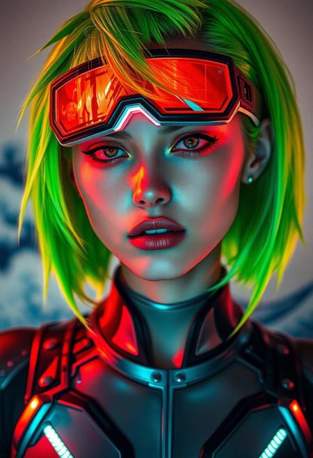 NSFW, (Soft Lighting Photography by Mimoza Veliu and Mario Giacomelli:1.2),, sexy,A hyper-realistic close-up portrait of a young woman with shoulder-length neon green hair styled in edgy, futuristic layers, adorned with glowing tips. She wears mecha eyewear with a neon red visor that transitions into iridescent shades of teal and gold. The frame is sleek, with angular edges and fine mechanical detailing. Her expression is fierce and confident, with flawless skin highlighted by the neon reflections. She wears a high-tech bodysuit with integrated LED lines and metallic panels. The background depicts a hazy rendition of The Great Wave off Kanagawa by Hokusai, its powerful waves blending seamlessly with the neon tones, amplifying her intense, defiant aura.