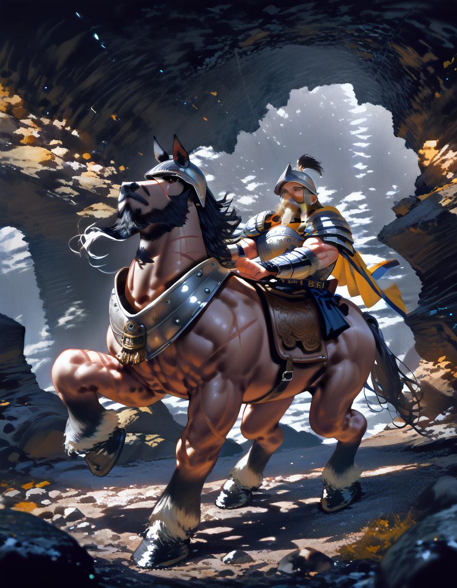 score_9, score_8_up, score_7_up, score_6_up, old dwarf riding a black horse, dynamic pose, cave, rocks, saddle, epic, muscular, short, looking at viewer, heavy armor, scar across eye, 1boy, helmet, ((long beard)) <lora:MIX-GEM-D1 adamw8bit-P1:0.7>