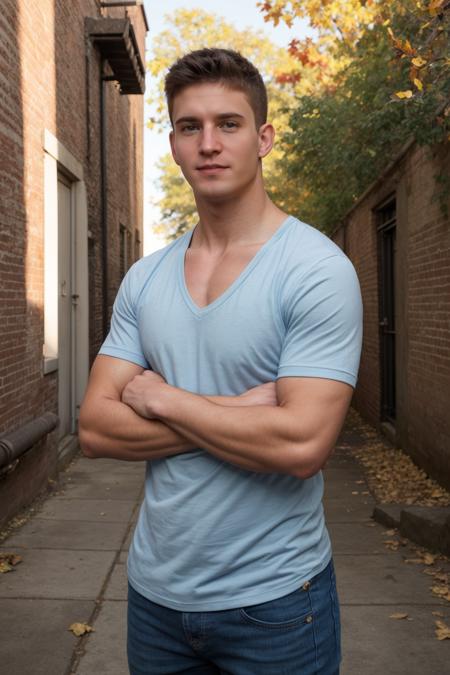 photo of sc_joey  <lora:sc_joey_twink-07:0.5> standing in an alleyway with his arms crossed wearing a (short-sleeve) fitted light baby blue deep v-neck shirt, brick walls, windows, trees, cobblestones, fall leaves, depth of field