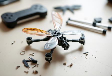 photographic image of disassembled micro-drone robotic bug, with wings. small, intricate parts scattered upon table,