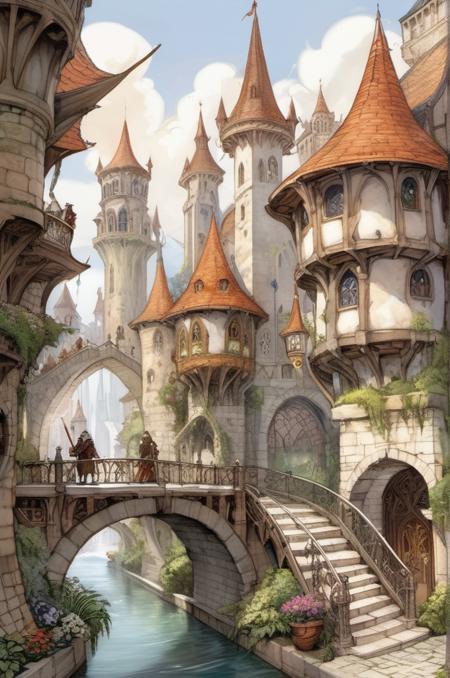 <lora:John Blanche Style:1> John Blanche Style, a grand capital city nestled in the heart of a magical realm inspired by Dungeons and Dragons. The city stands as a testament to both architectural splendor and mystical enchantments. The streets are bustling with life, filled with a diverse array of creatures, both human and fantastical, going about their daily routines. The buildings showcase a harmonious blend of traditional medieval design and whimsical magical enhancements. Ornate bridges span over flowing rivers and canals, connecting various districts of the city. Gardens and parks are interspersed throughout, teeming with vibrant, otherworldly flora and fauna. In the central square, a magnificent fountain serves as a gathering place, its waters sparkling with magical energies.