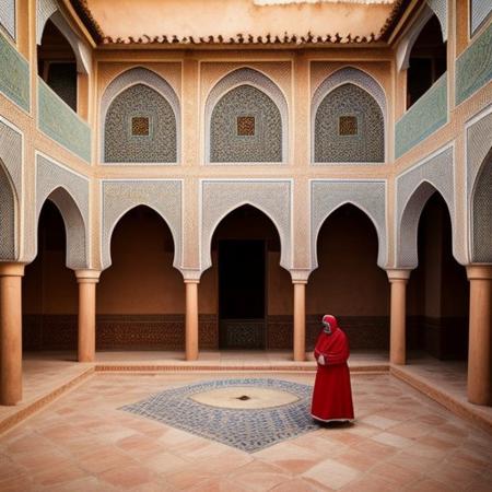 Nice inner courtyard of Moroccan house, many arab women dressed in traditional vivid dressing