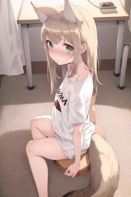 1girl, cat ears, cat tail, only in t-shirt, white t-shirt, without pants, green eyes, kinako, osakana, little girl, skinny girl, sitting at a desk, loose hair, panties, white panties, SFW, ((Only one tail)), butt blush, school class bqackground