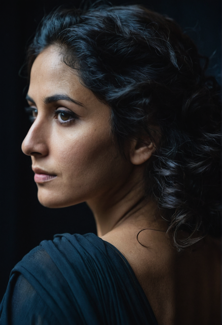 (looking back over shoulder), profile, portrait, closeup, 32 year old afghan woman,   ((bare shoulder)),   striking face, strong  eyebrows, (sagging breasts), long wavy raven hair,  (bokeh), (cinematic), (film grain),  (natural soft body), black photostudio, dark background