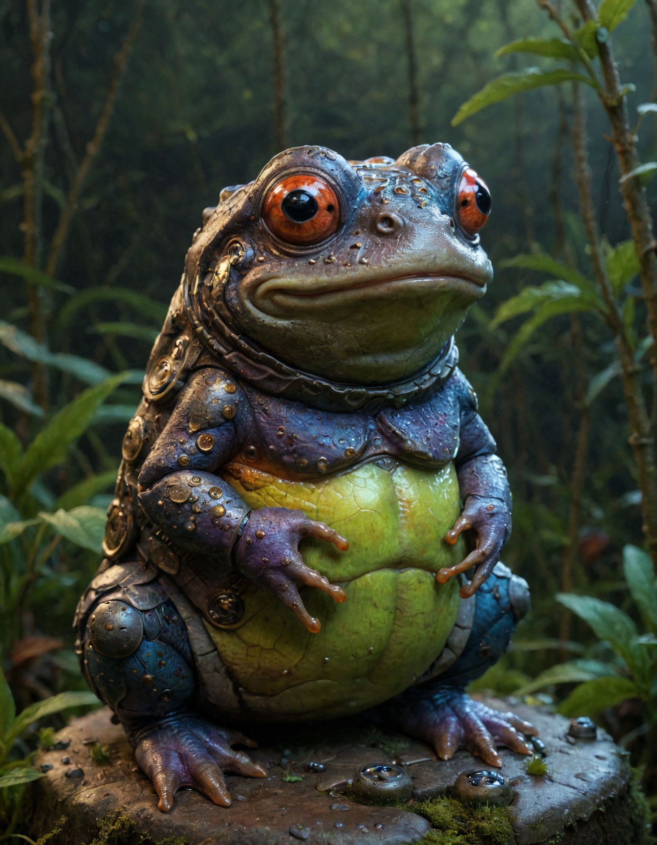 by Abraham Pether and Jean-Baptiste Monge, incredibly plump frog,  psychedelic colors, a  world ruled by robots , full shot, hyper detailed, professional poster art, bold lines, award winning,  trending on ArtStation , (intricate details, masterpiece, best quality:1.4), looking at viewer, dynamic pose
in the style of nicola samori ,  big eyes, big teeth