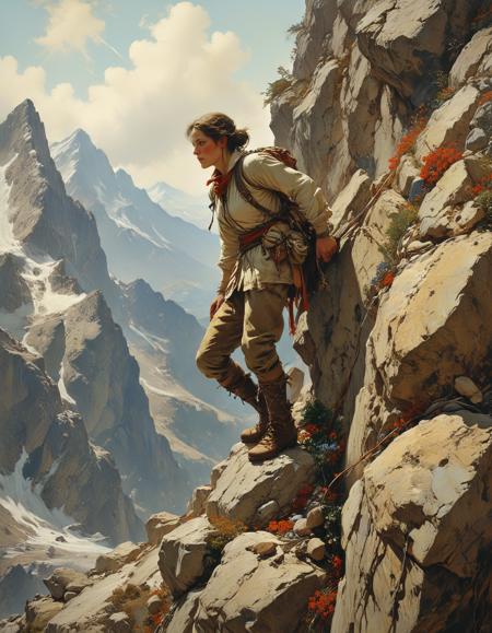 ([by Richard Dadd|by Walter Launt Palmer]:1.5), (A climber, ascending perilously, determined, resilient, to reach a legendary mountain summit.:0.5) (Feycore:1.3)