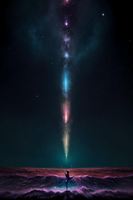 A cosmic ballet of celestial fireflies illuminating a vast expanse of swirling nebulae, rendered in the style of fluid surrealism with vibrant iridescent hues and intricate geometric patterns. Evoking a sense of enchantment, depict the ethereal dance of these otherworldly creatures amidst a backdrop of cosmic stardust and cosmic waves