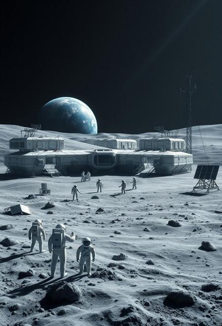 Ultra realism, high quality, high resolution 8K and above, stable and accurate focus, ultra correct anatomy, super detail. A lunar landscape with a space base located on the surface of the moon. The base is made up of multiple modules connected by tunnels and has large windows from where the Earth can be seen on the horizon. The Earth appears bright and blue in contrast to the gray and dusty surface of the Moon. In the foreground, astronauts in white spacesuits are seen performing scientific research and technical support. Large solar panels and communication antennas are located around the base.
Colors: Gray for the lunar surface, bright blue and white for the Earth, metallic colors for the base and equipment.
Objects: Space base, lunar surface, Earth, astronauts, solar panels, communication antennas.
Atmosphere: High-tech, futuristic, majestic.
Styles: Realistic, Sci-Fi.
Additional items: Moon dust, scientific instruments, space dust and particles, small exploration rovers.