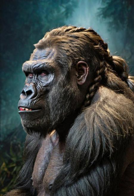 award winning wildlife (medium long shot:1.4), 35mm film movie still, ultra photorealistic, photorealism, (upper profile) shot of a defeated old Gorilla in pain with the (sunken head:1.4), (braided hair, braids:1.5), mourning (looking depressed down:1.2), (glossy eyes) cinestill, film grain, taken with hasselblad H6D 100c, the HCD 24mm lens, hazy mood, cinematic dramatic lighting, cold muted colors, (DOF:1.4), (dark lush jungle background), sharp focus, (perfect real extremely details), amazing fine detail, absurdres, hyper realistic lifelike texture, dramatic lighting