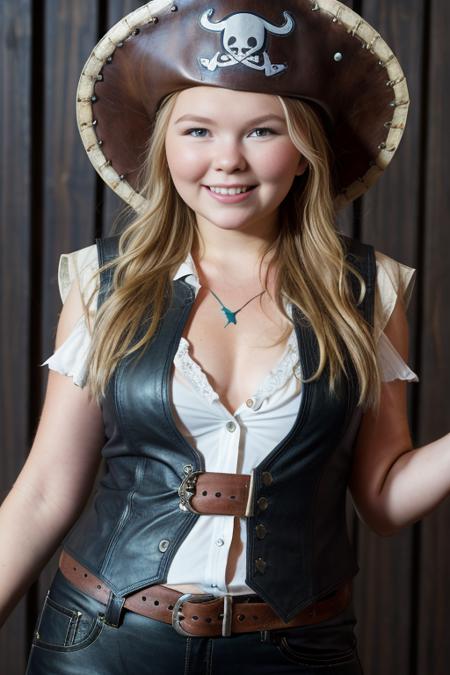 HD photo of beautiful mshn_melissamay dressed as a pirate, leather vest, white blouse, pirate hat, closeup