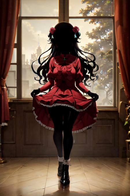 1girl, (masterpiece:1.3), high quality, high detailed, (solo), frilled dress, hair ribbon, (black skin:1.3), hair flower, black hair, long hair, red dress, kate, red sleeves, <lora:kate-08:1>, indoors, (black face:1.3), looking at viewer, (skirt lift:1.2), room, indoors,  <lora:23-3-14-jianying1.1:0.5>