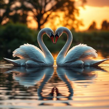Two elegant white swans forming a heart shape with their necks, gently floating on a calm, reflective lake during golden hour. The water glistens softly with the colors of the sunset — pink, orange, and light gold — enhancing the romantic atmosphere. A few delicate water lilies surround them, and the soft ripples reflect the heart shape perfectly. Lush greenery and blurred distant trees frame the background. Realistic style, high detail, soft natural lighting, serene and romantic mood.
