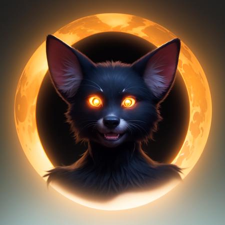 no humans, furry, anthro, portrait, symmetric, upper body, solar eclipse, glowing edge black hole, glowing circular silhouette, fluorescent fur, black body, black skin, glowing markings, glowing edges, furry female, (body fur, furry body:1.4), anthro, solo, realistic, (best quality, masterpiece:1), detailed, looking at viewer, smile, (eclipse gradient background:1.2),