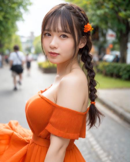 a woman posing on the street corner with orange dress on, best quality, 1girl, large breast, day, bright, blur background, bokeh, outdoor, (street:0.8), (people, crowds:0.8), (off-shoulder dress:1.2), gorgeous, (braided bangs:1.2), beautiful detailed sky, (dynamic pose:1.2), soft lighting, wind, shiny skin, (upper body:0.8), (freckles:0.8), sfw, (smile:1), <lora:nono-3750:0.78>