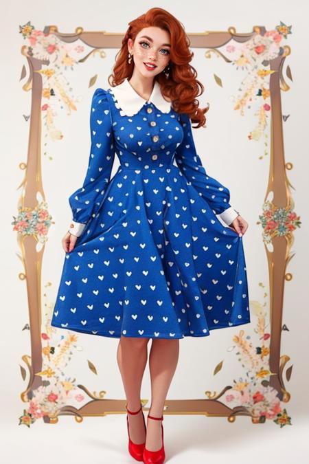 h34rtsblu3,long sleeves,dress,blue dress,heart pattern,polka dot heart dress, collared dress,