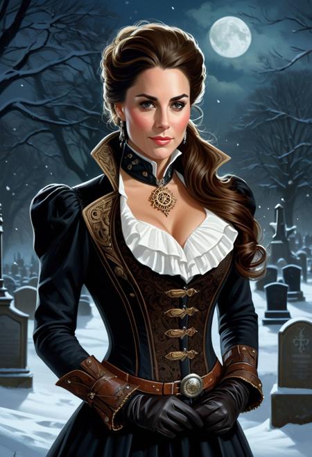 Kate Middleton, steampunk vampire hunter, in a Snow Covered Victorian Graveyard, at night, character portrait, 5 9 9 0 s, her hair cascades down her shoulders. The intricate details of her steampunk-inspired attire highlights her large, impressive bosom and blend seamlessly with the surroundings. Her eyes seem to gleam with a ruthless intelligence, and her lips often curl into a sly smirk, intricate, elegant, highly detailed, digital painting, artstation, concept art, smooth, sharp focus, illustration, art by wlop, charlie bowater and alexandra fomina.